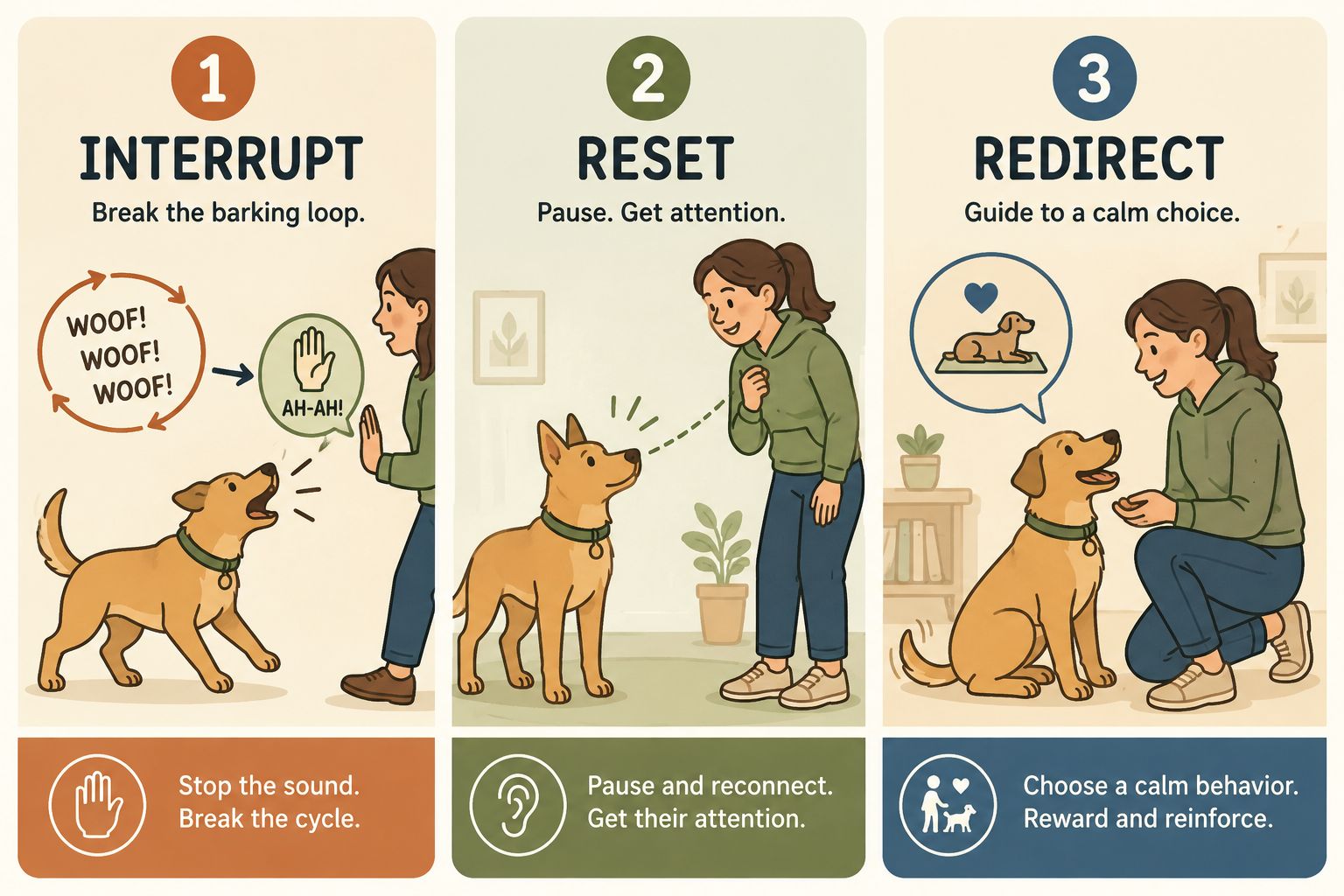 Three-panel graphic: 1. Interrupt — break the barking loop. 2. Reset — pause and get attention. 3. Redirect — guide to a calm choice.